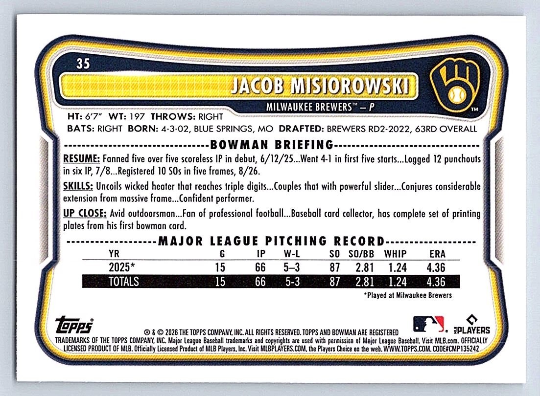 JACOB MISIOROWSKI BREWERS RC 2026 BOWMAN #35