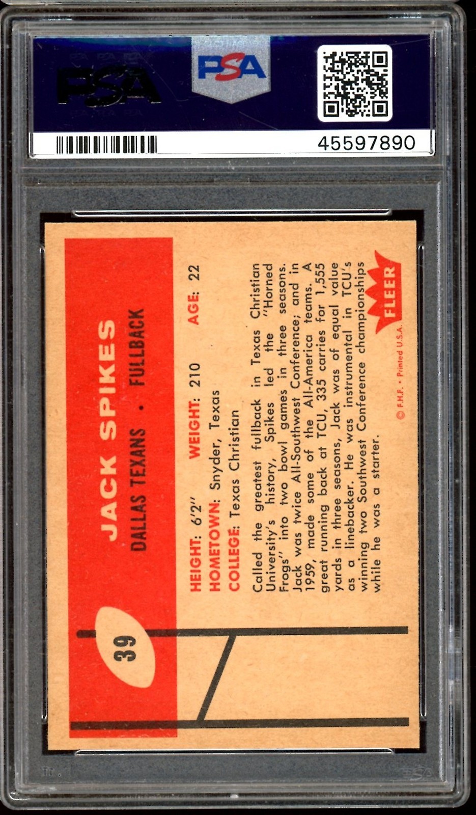 1960 Fleer Football #39 Jack Spikes PSA 8