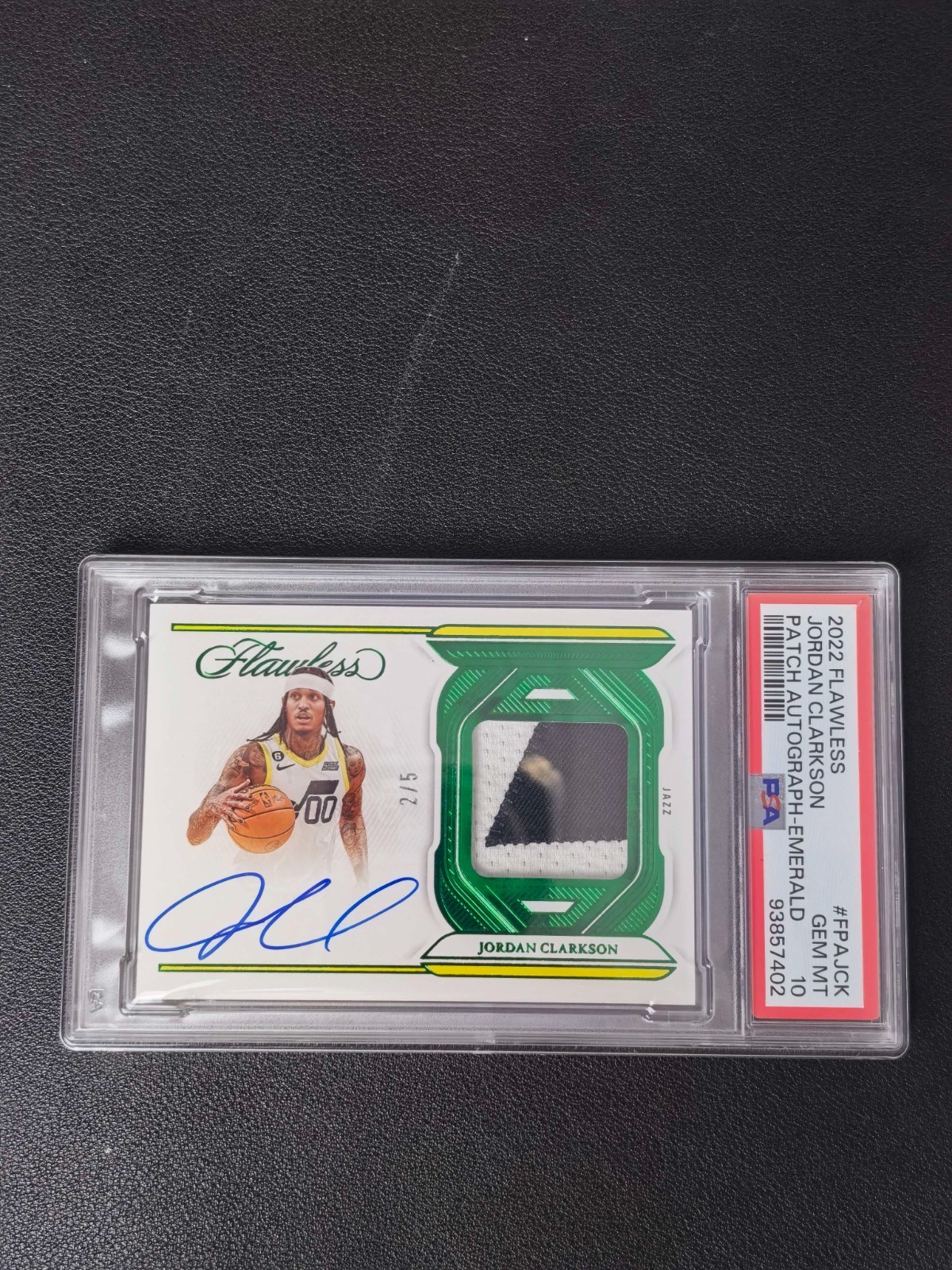 2022-23 Panini Flawless Jordan Clarkson Emerald Patch Auto /5 PSA 10 pop 1
