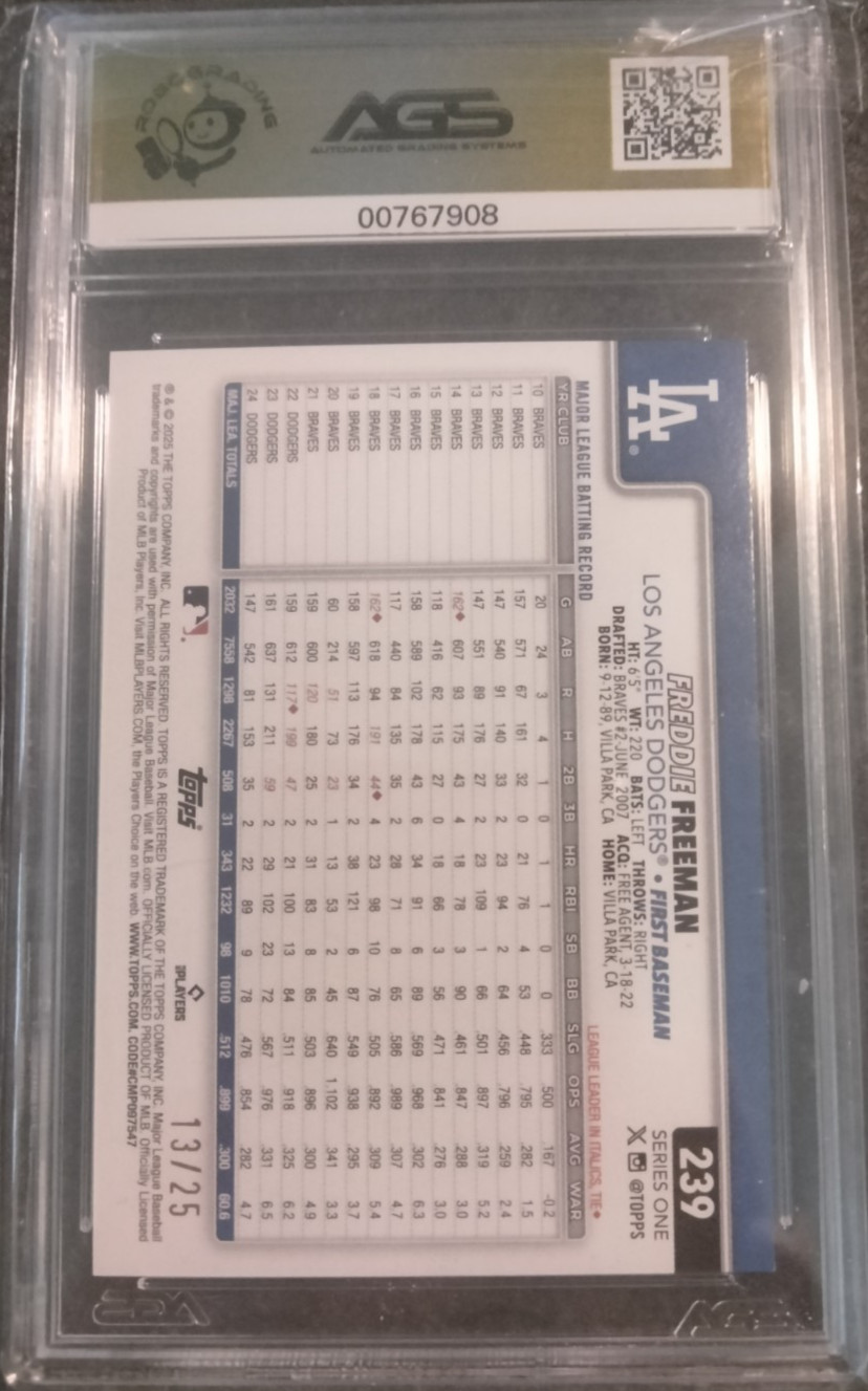 2025 Topps Series 1 – Freddie Freeman #239 Orange Holofoil /25 – AGS 10