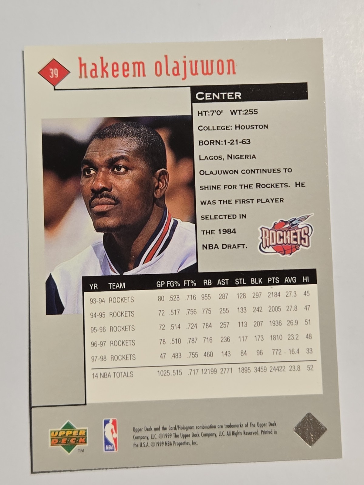 1998-99 Upper Deck Black Diamond Hakeem Olajuwon #39 Houston Rockets