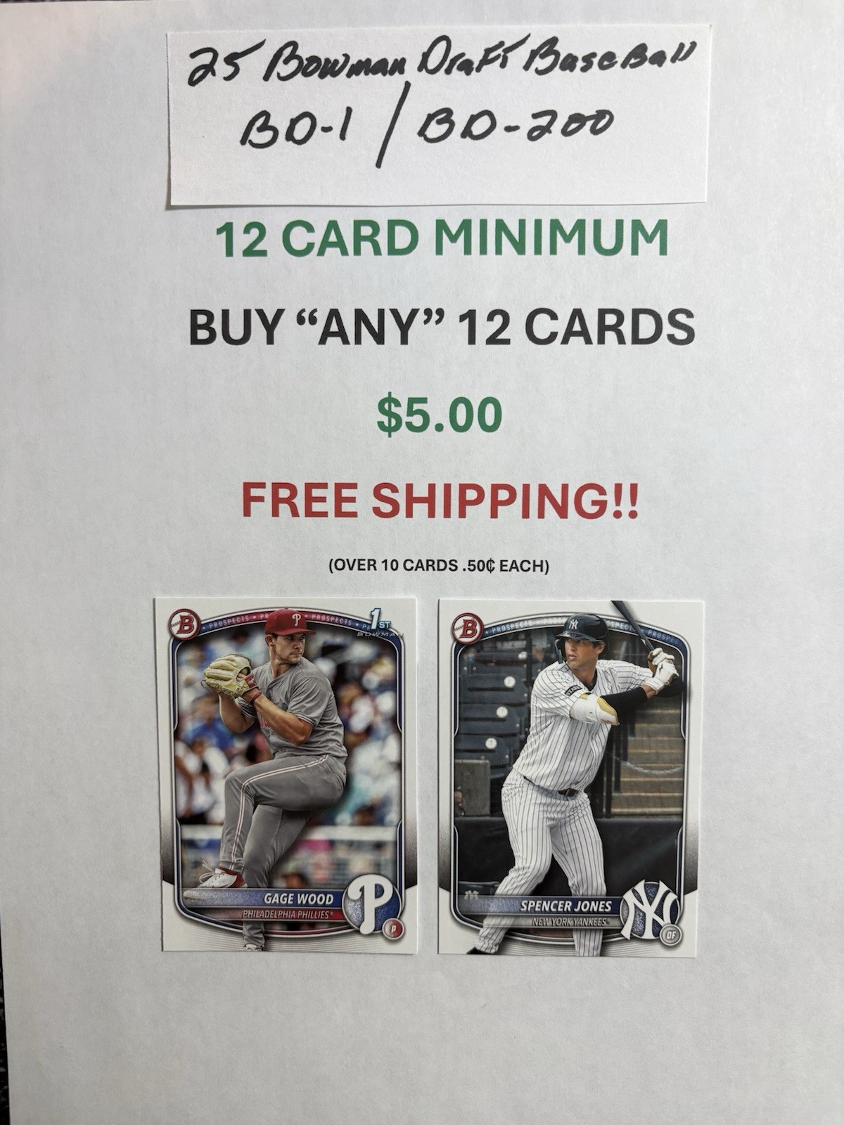 2025 Bowman Draft Paper, bd1-bd200, 12 card Minimum, U-pick 12/$5.00, Free Ship