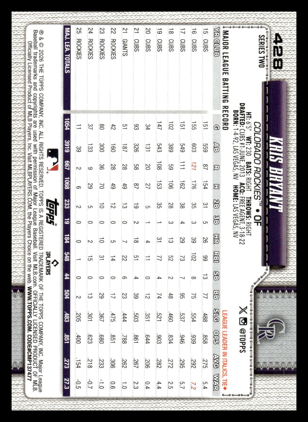 2026 Topps Series 2 Base 428 Kris Bryant, Colorado Rockies