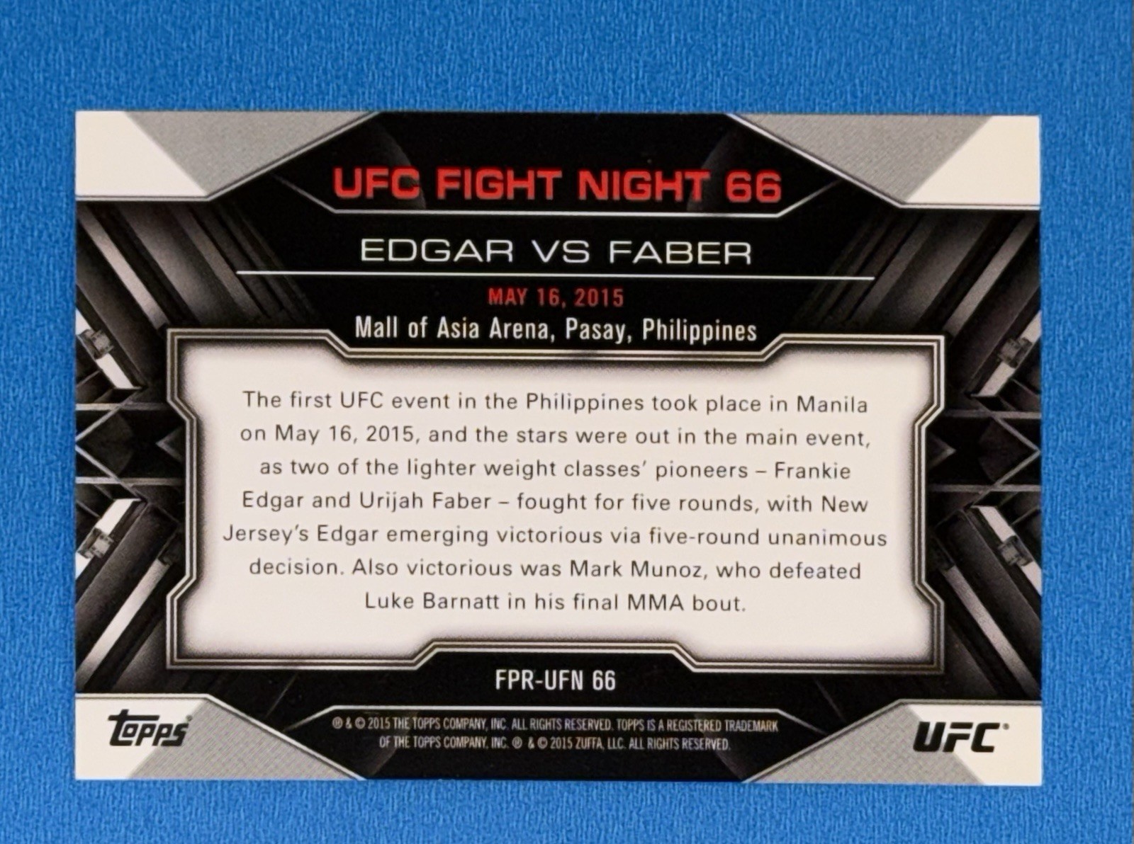 2015 Topps UFC Chronicles Fight Night 66 Poster Review Card Edgar VS Faber