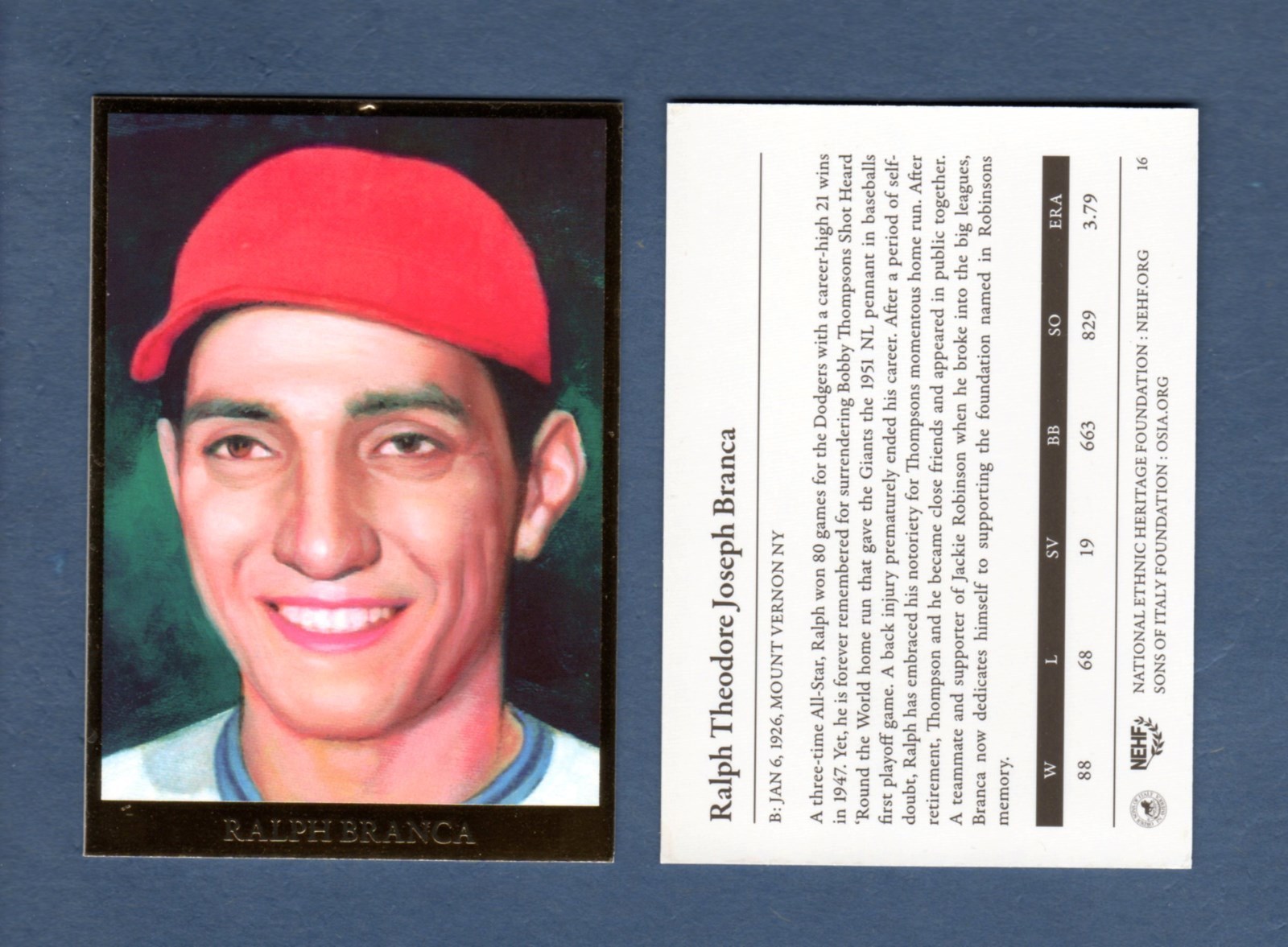 Italian American NEHF hero: #16 RALPH BRANCA, Dodgers – Just 1 of 10,000 issued