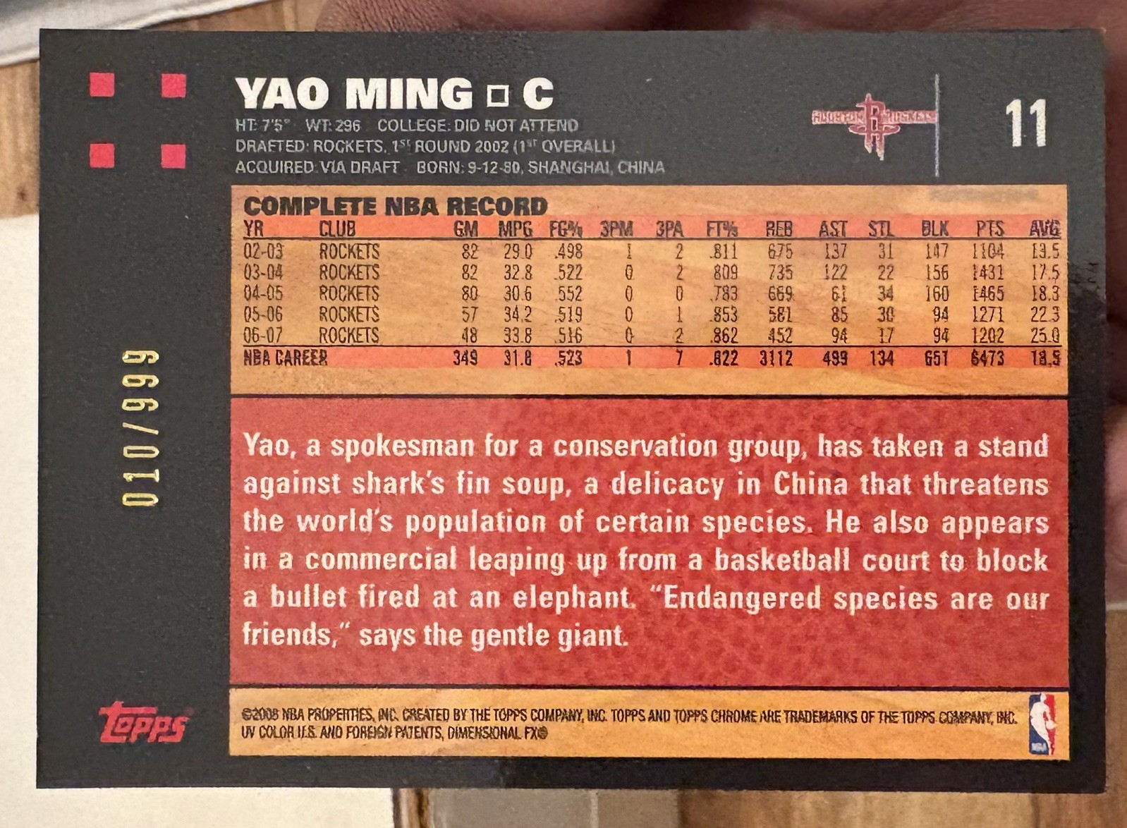 Yao Ming 2007-08 Topps Chrome Refractor #11 Houston Rockets