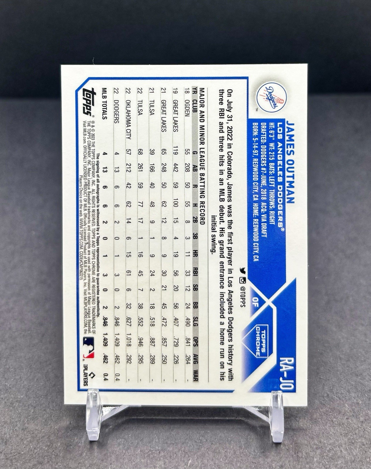 2023 Topps Chrome – JAMES OUTMAN – RC Rookie On-Card AUTO – Dodgers #RA-JO
