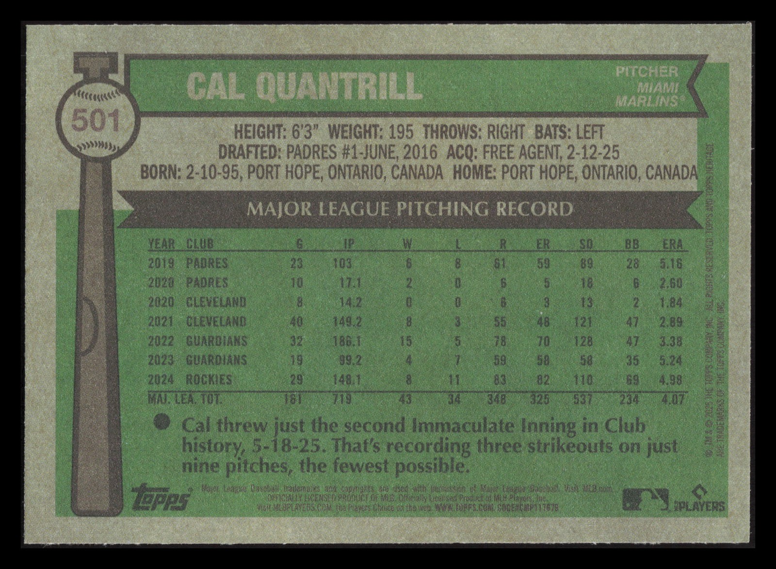Cal Quantrill 2025 Topps Heritage #501 Miami Marlins