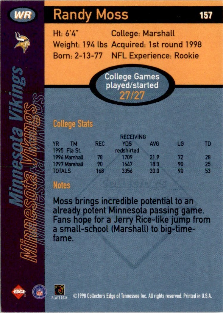 1998 Collector’s Edge First Place Randy Moss RC Minnesota Vikings #157
