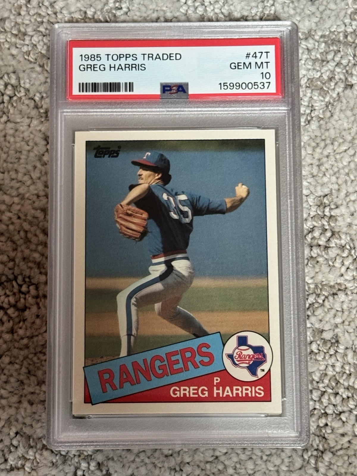 1985 TOPPS TRADED BASEBALL CARD PSA 10 GREG HARRIS TEXAS RANGERS