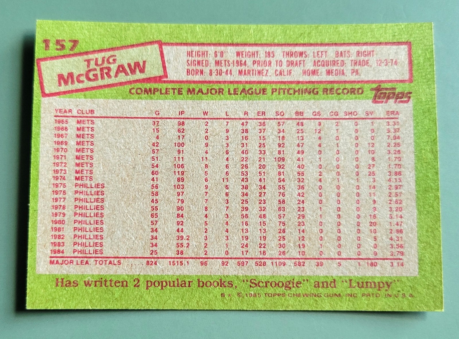 TUG McGRAW – 1985 Topps #157 **NRMT** FREE SHIP & RETURN!