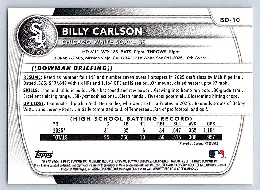 BILLY CARLSON WHITE SOX 2025 BOWMAN DRAFT #BD-10
