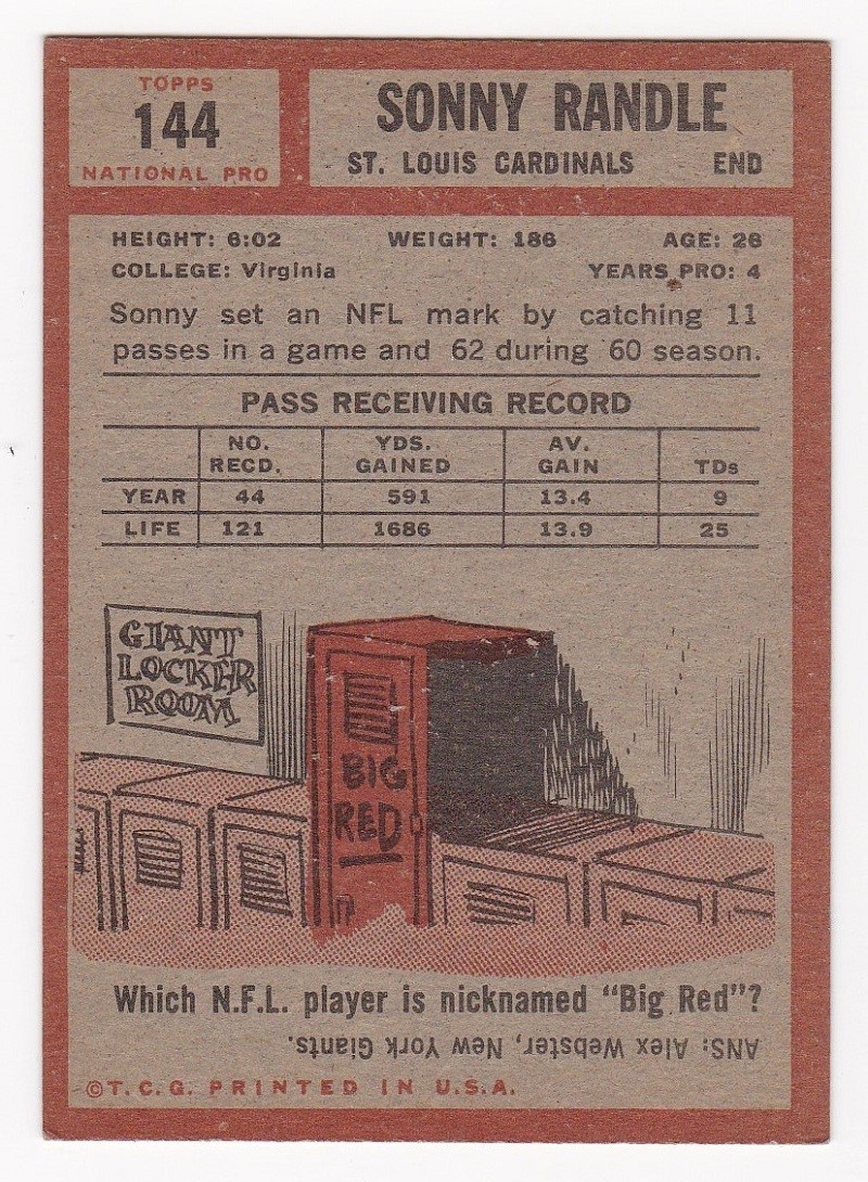 SONNY RANDLE 1962 Topps Football # 144 St. Louis Cardinals Ex Plus