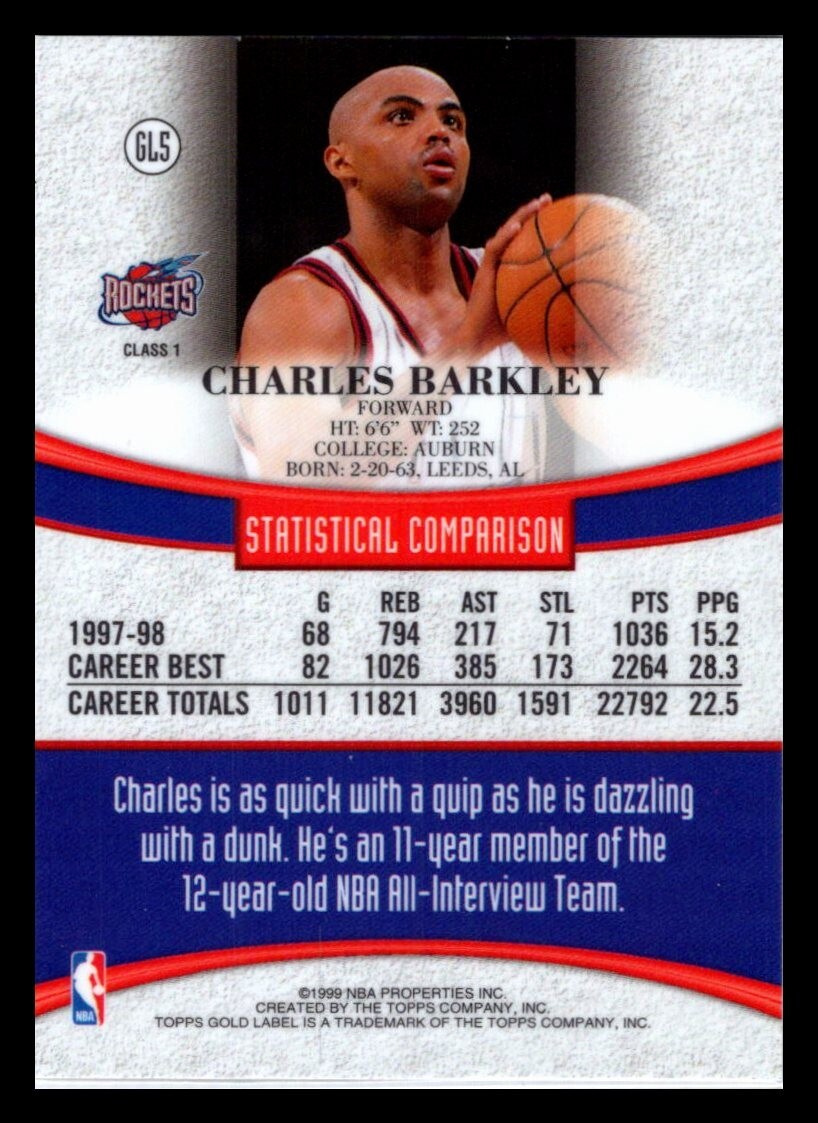 CHARLES BARKLEY (HOF) 1999 TOPPS GOLD LABEL HOLO INSERT NM/MT #GL5 LOOK!!!