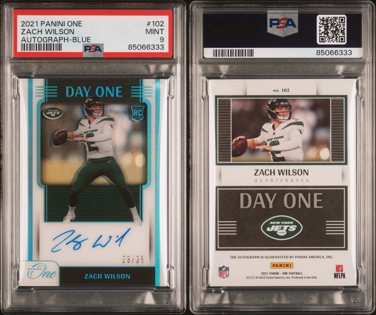 ZACH WILSON 2021 Panini One Rookie Autograph Blue 23/25 PSA 9 Mint (pop 2)