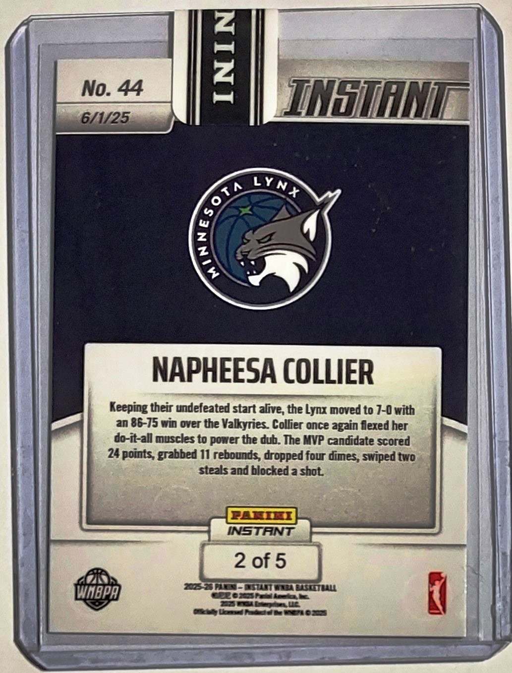 NAPHEESA COLLIER 2025 PANINI INSTANT WNBA #44 ⚡️ LIGHTNING /5 ⚡️ Minnesota Lynx