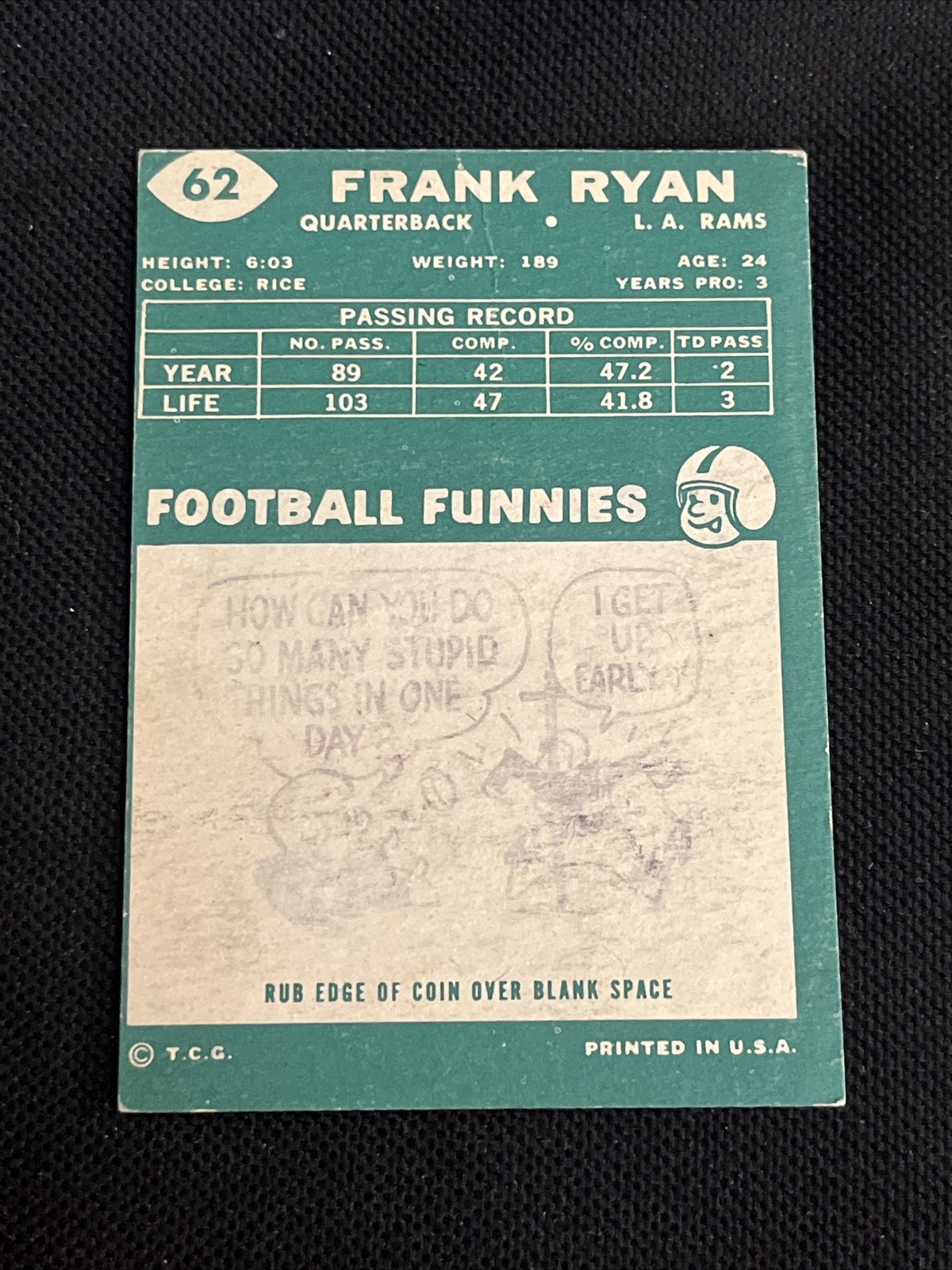 FRANK RYAN 1960 TOPPS ROOKIE SIGNED AUTOGRAPHED CARD #62 LOS ANGELES RAMS