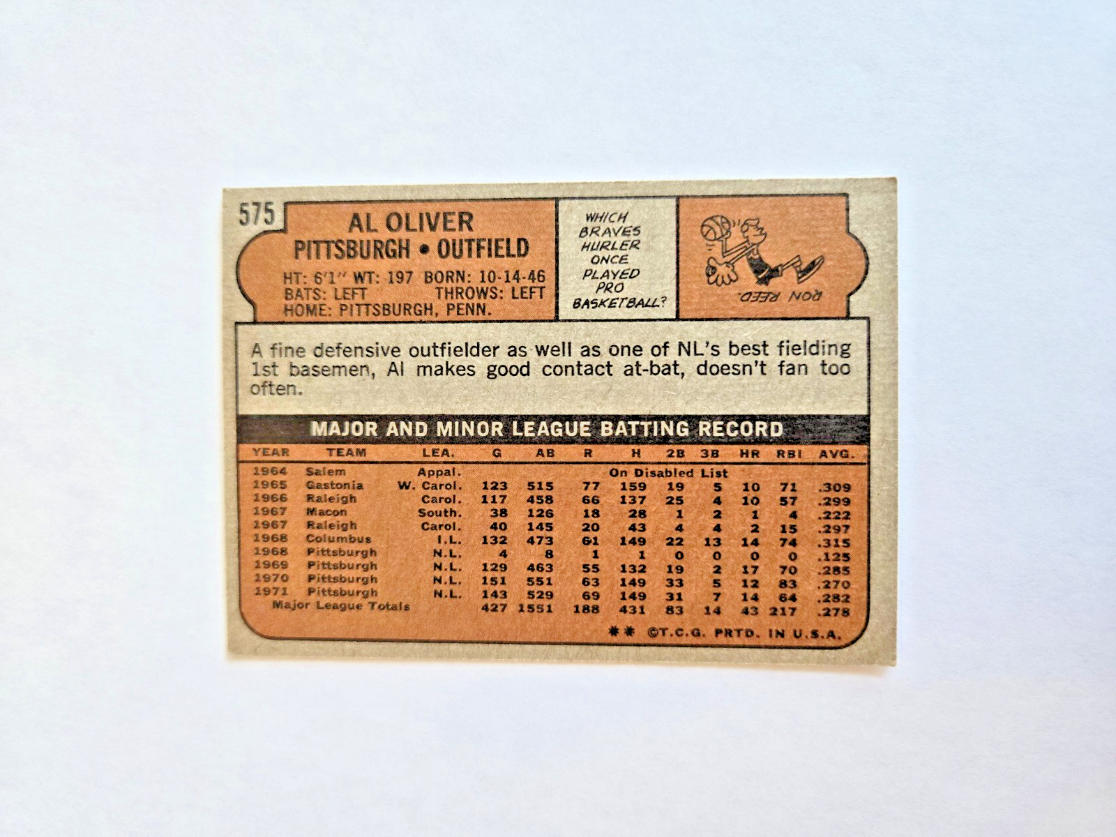 AL OLIVER 1972 TOPPS BASEBALL CARD #575 PITTSBURGH PIRATES