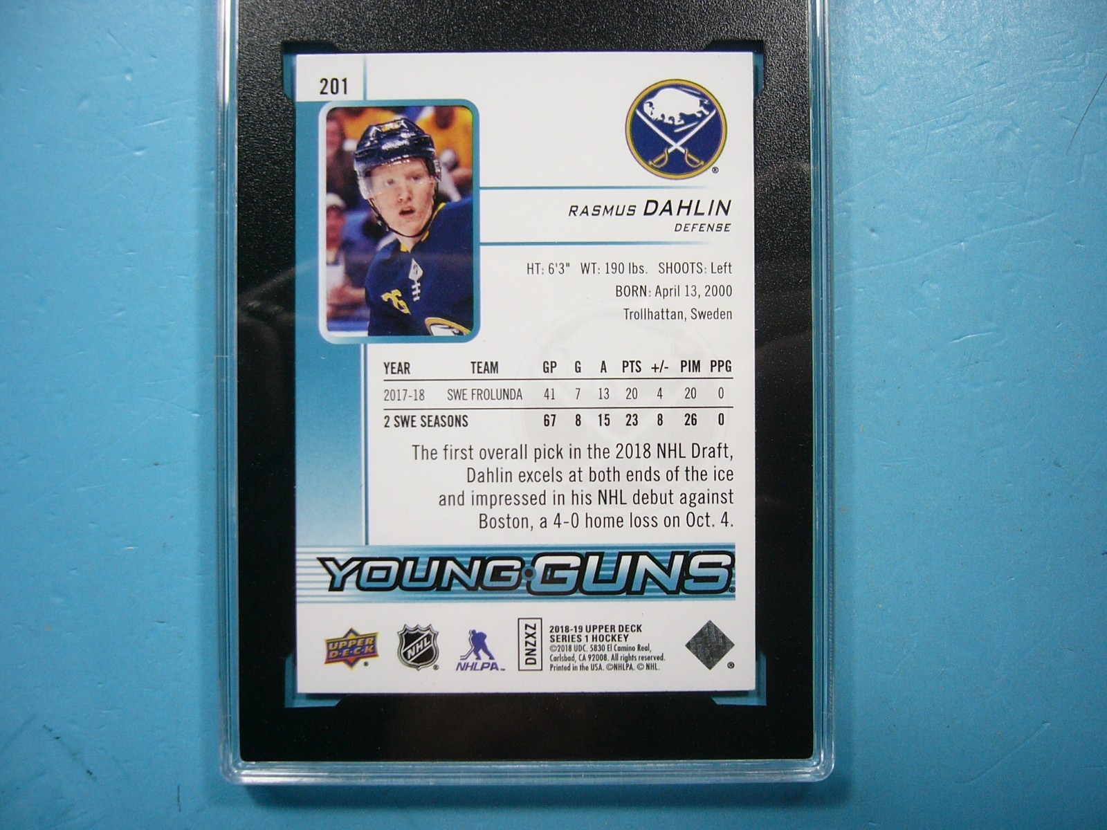2018/19 UPPER DECK YOUNG GUNS HOCKEY CARD #201 RASMUS DAHLIN ROOKIE RC KSA 9.5
