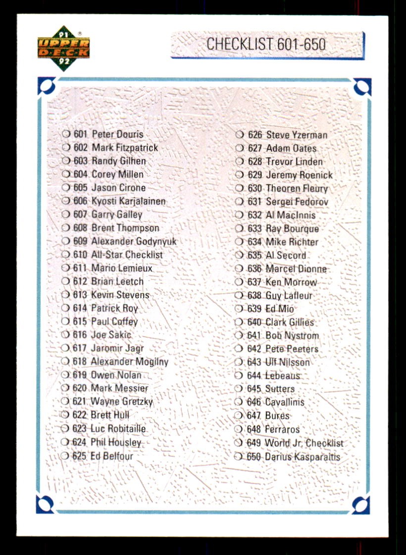 1991-92 Upper Deck #700 Checklist 601-700 – HKY
