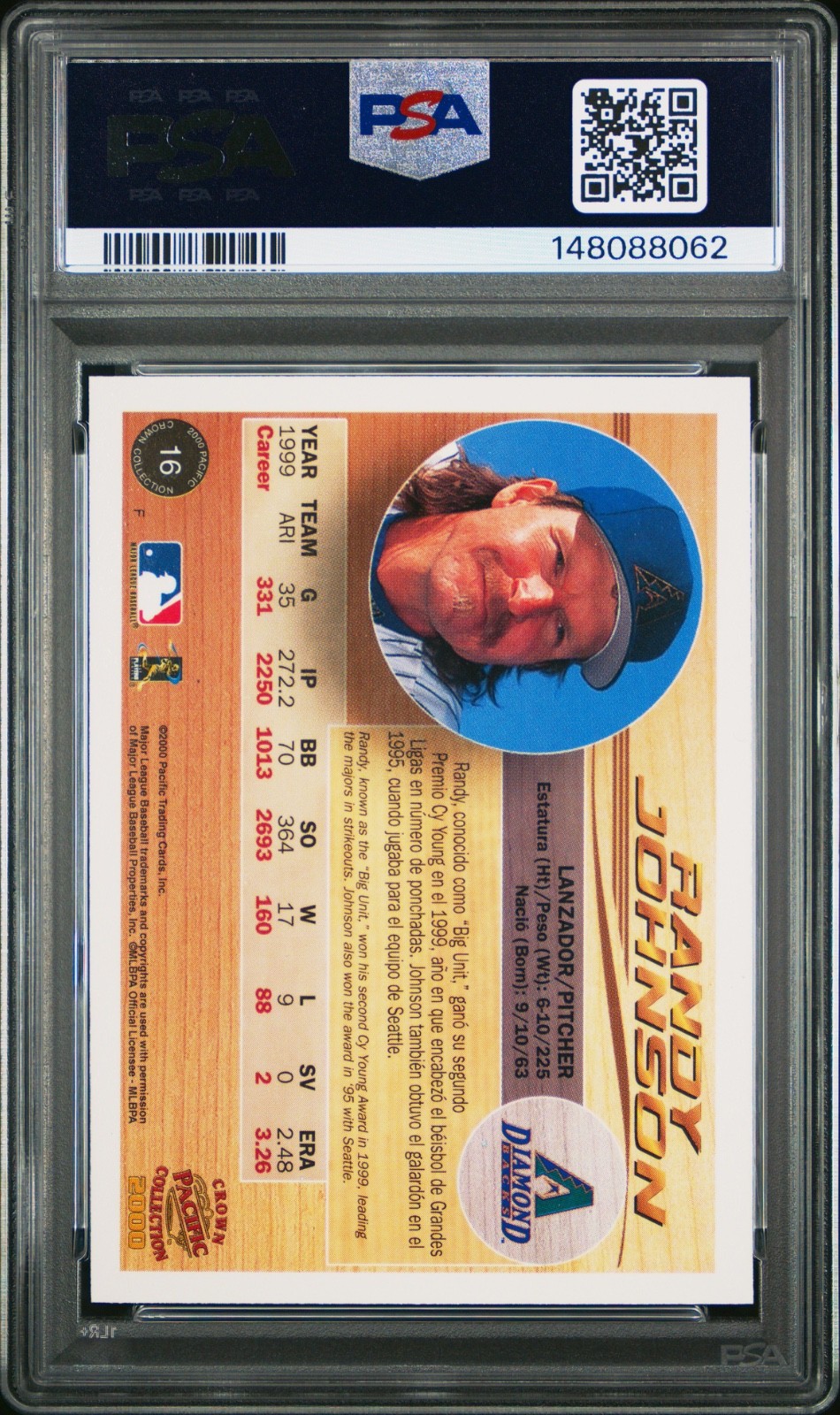 2000 Pacific Crown Collection Holographic Purple 190/199 Randy Johnson #16 PSA 9