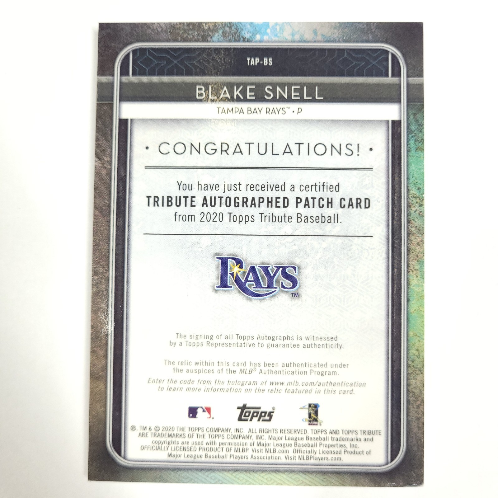 2020 Topps Tribute Blake Snell Auto Game-Used Patch /50 Tampa Bay Rays TAP-BS