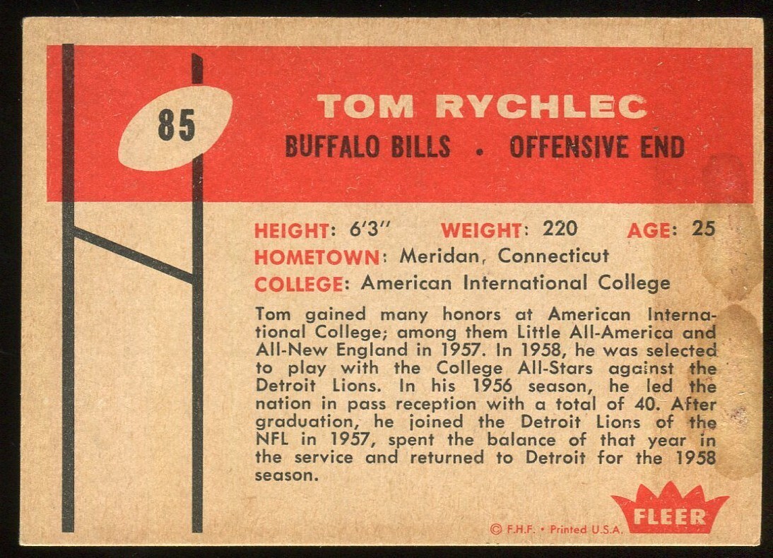 1960 Fleer #85 Tom Rychlec Buffalo Bills – Rookie Card