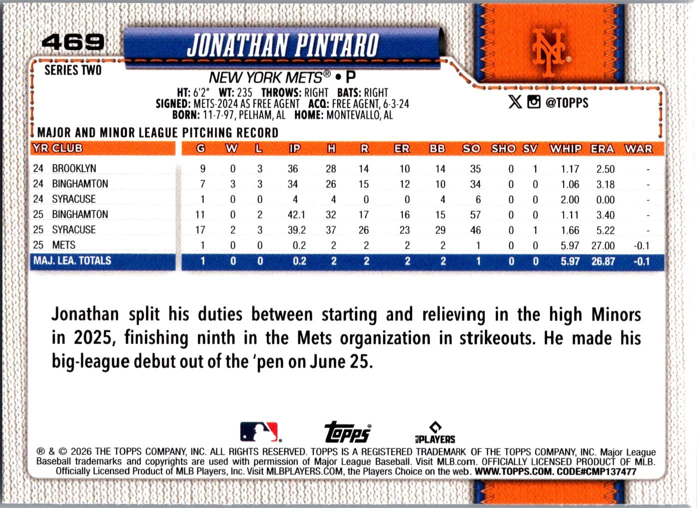 2026 Topps #469 Jonathan Pintaro Diamante Foil