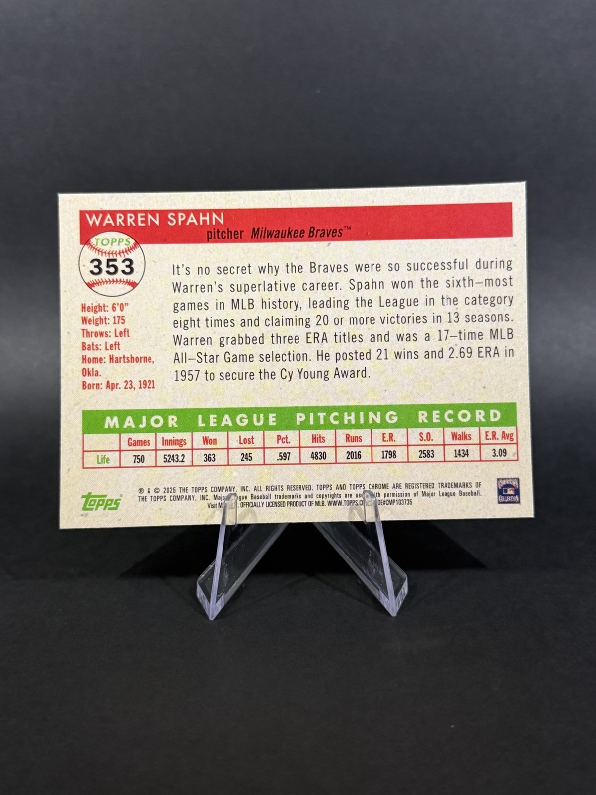 2025 Topps Chrome Platinum Baseball Warren Spahn Rose Gold 25/75 Braves