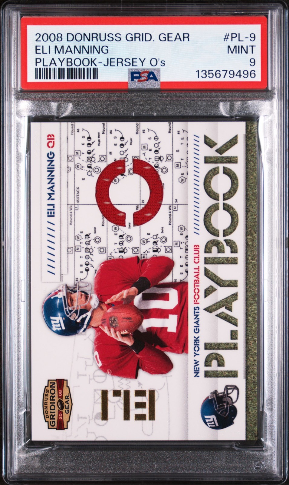 2008 DONRUSS GRIDIRON GEAR PLAYBOOK PL-9 ELI MANNING JERSEY O’s PSA 9