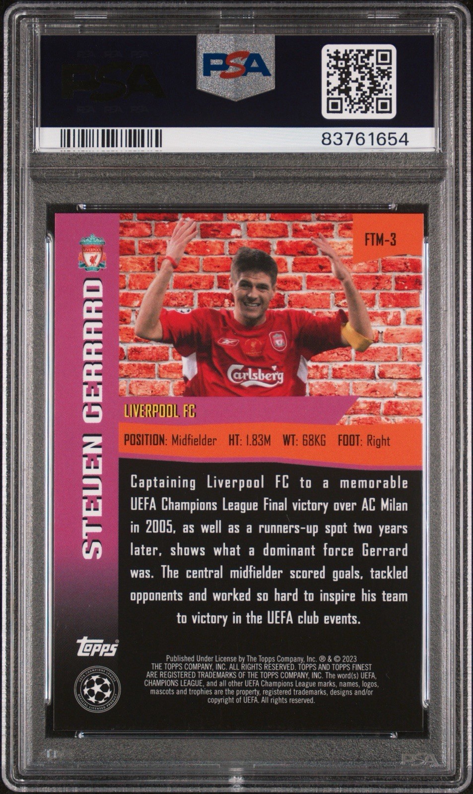 2022 TOPPS FINEST UEFA CC STEVEN GERRARD THE MAN ROSE GOLD REFRACTOR /75 PSA 10
