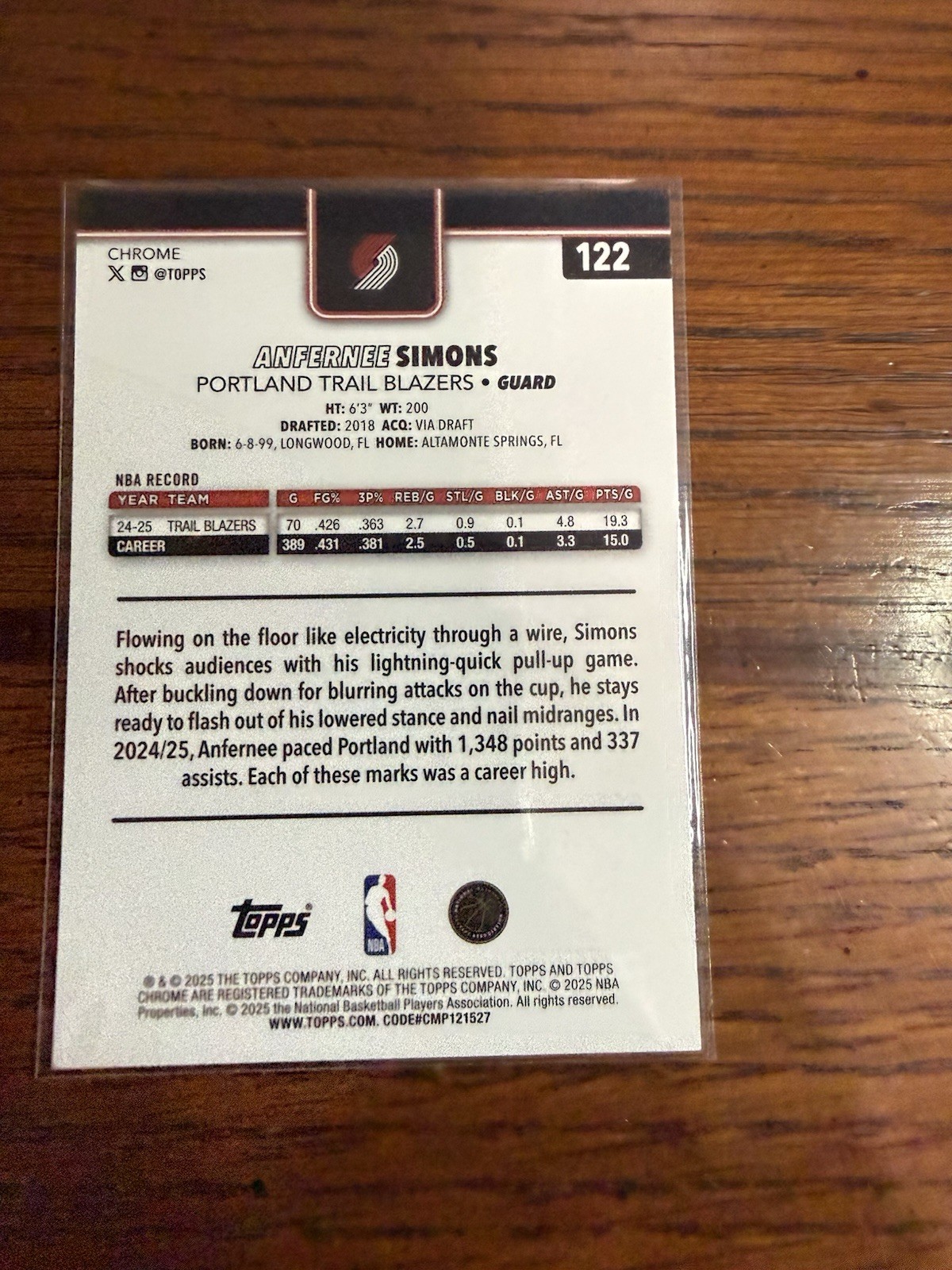 2025-26 Topps Chrome NBA RayWave Anfernee Simons Portland Trail Blazers #122