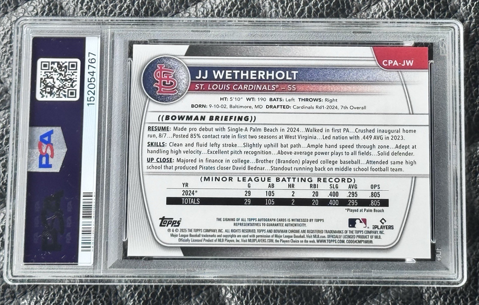 2025 Bowman Chrome JJ Wetherholt 1st Chrome Auto #CPA-JW Cardinals PSA 10
