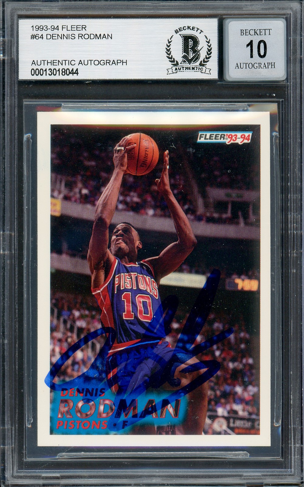 Dennis Rodman Auto 1993-94 Fleer Card 64 Pistons Auto GM 10 Blue Sharpie Beckett