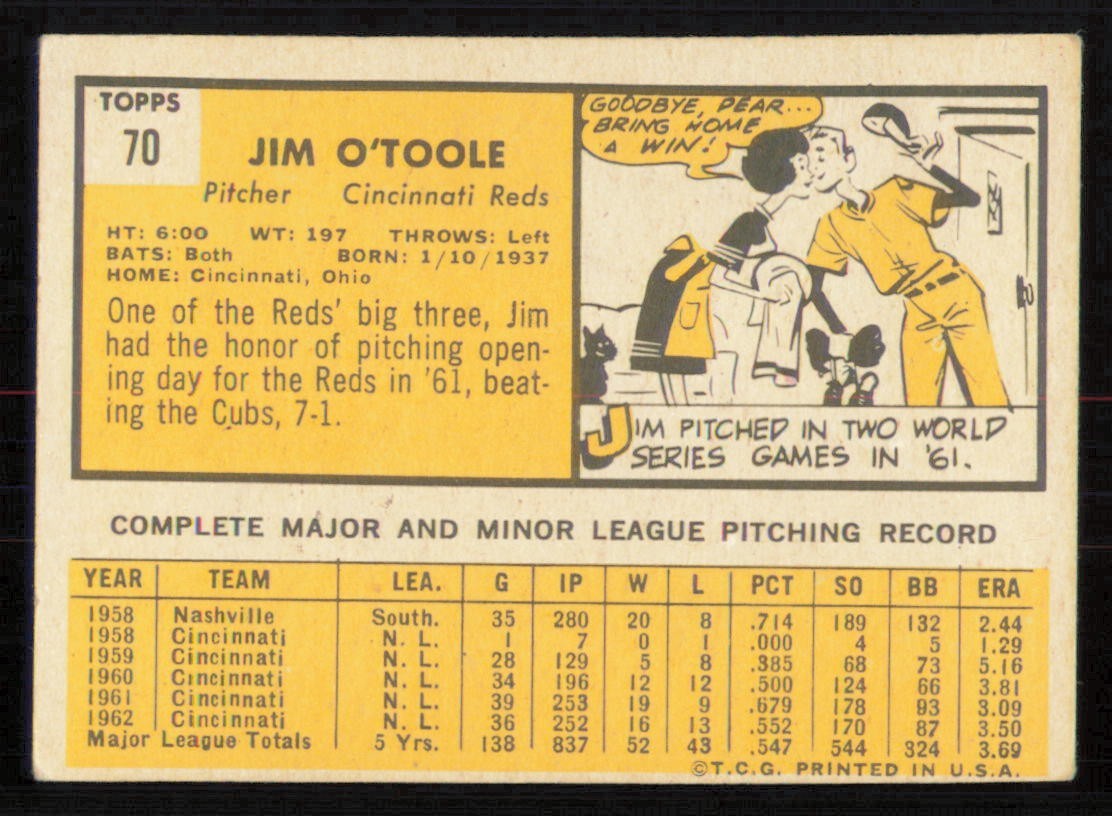 1963 Topps #70 JIM O’TOOLE Cincinnati Reds VGEX-EX