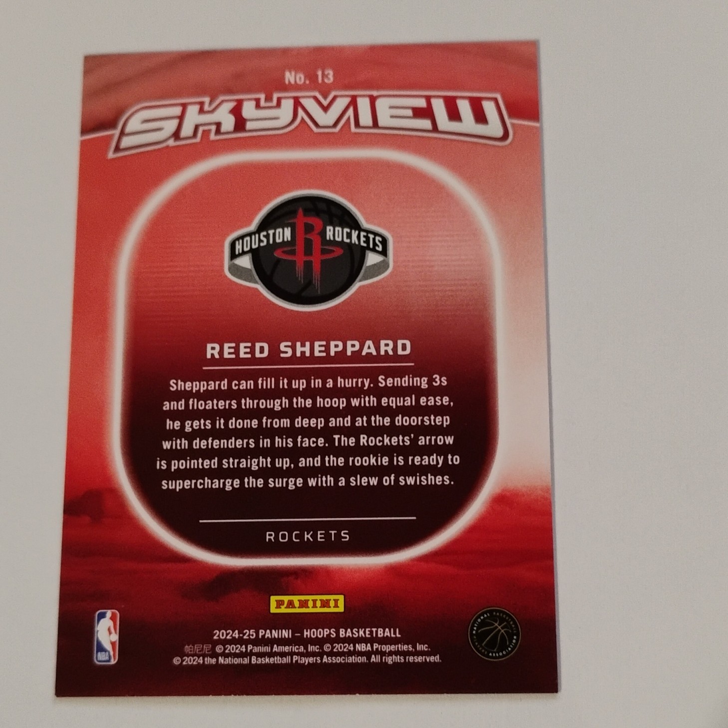 Panini NBA Hoops Skyview Insert Reed Sheppard RC #13 Houston Rockets 2024-25