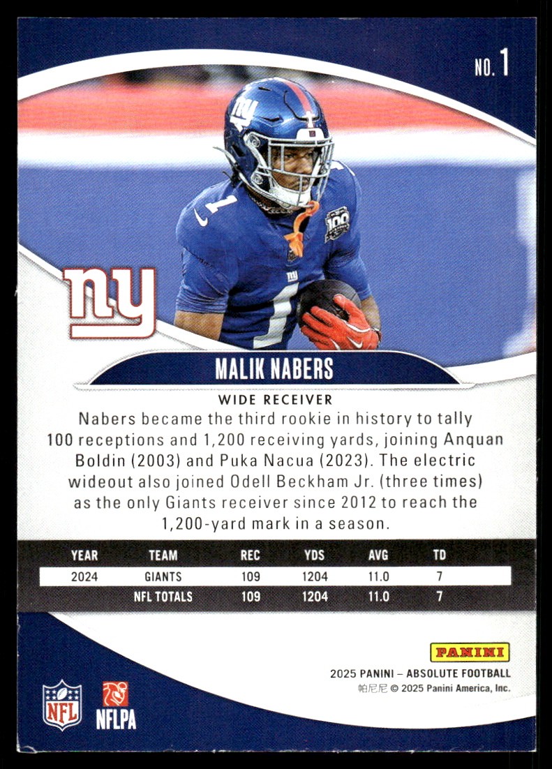 Malik Nabers 2025 Panini Absolute #1 Giants NFL READ FREE SHIPPING AutographDen