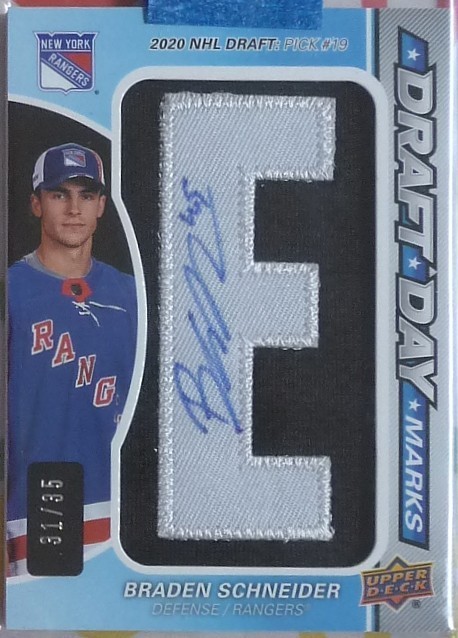 Braden Schneider 2022-23 SP Game Used Draft Day Marks Letter “E” Autograph /35