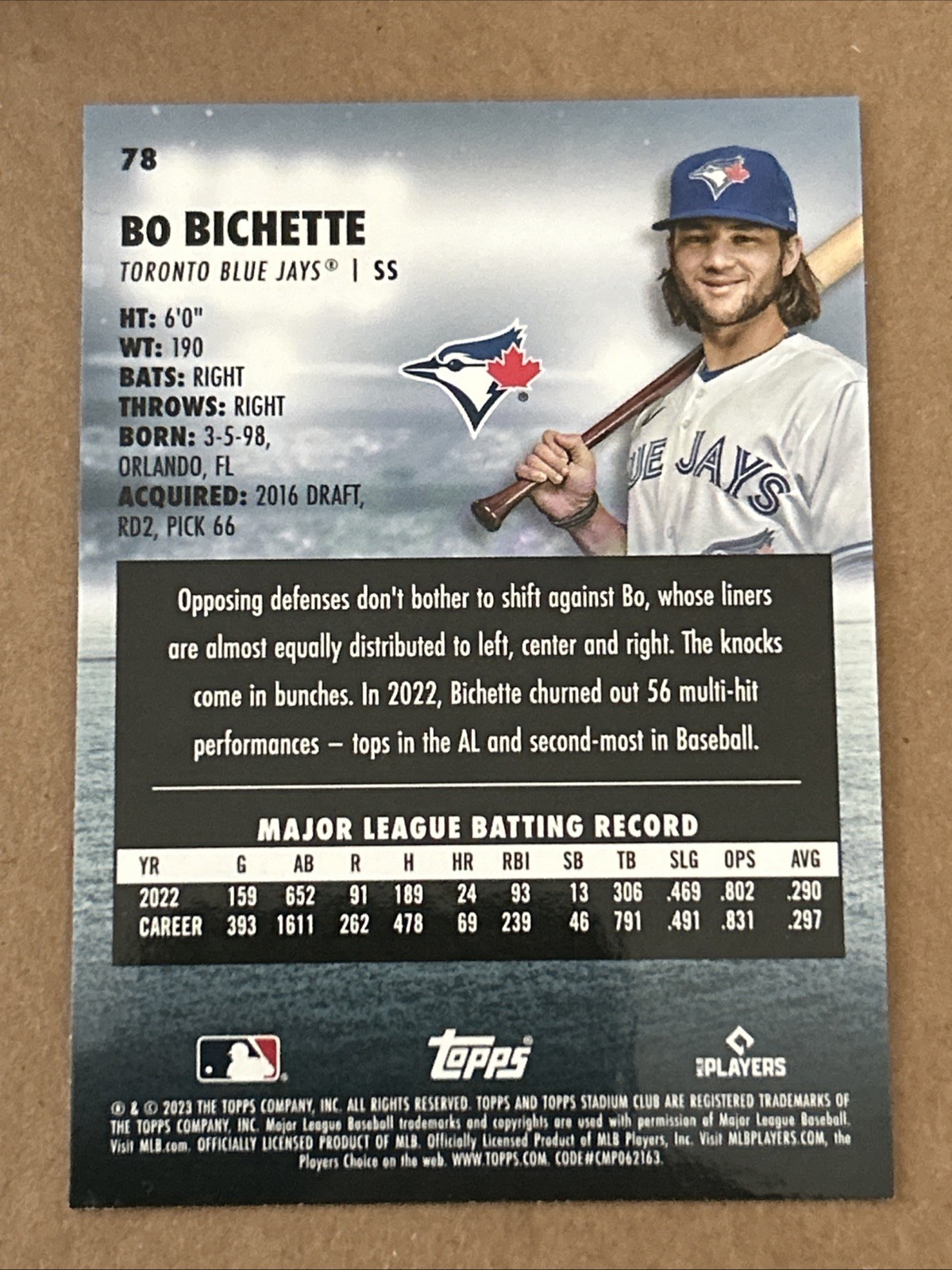 Bo Bichette 2023 Topps Stadium Club #78 Black Foil