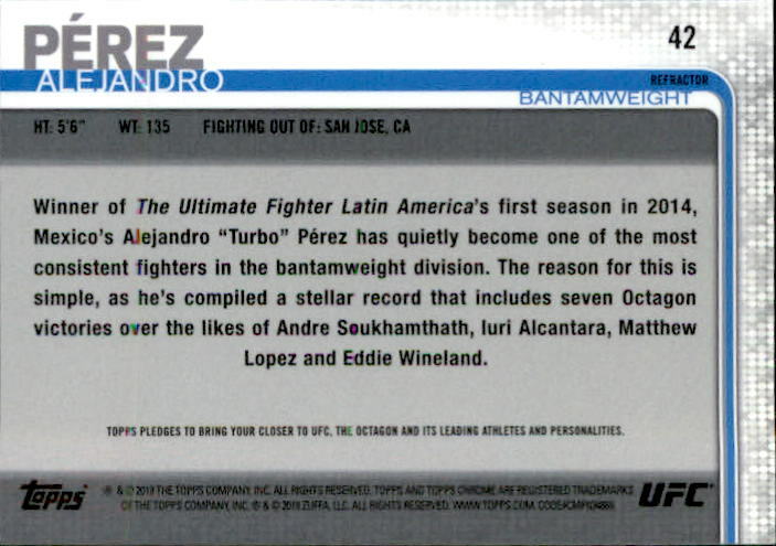 Alejandro Perez 2019 Topps Chrome UFC Refractor Rookie Card #42