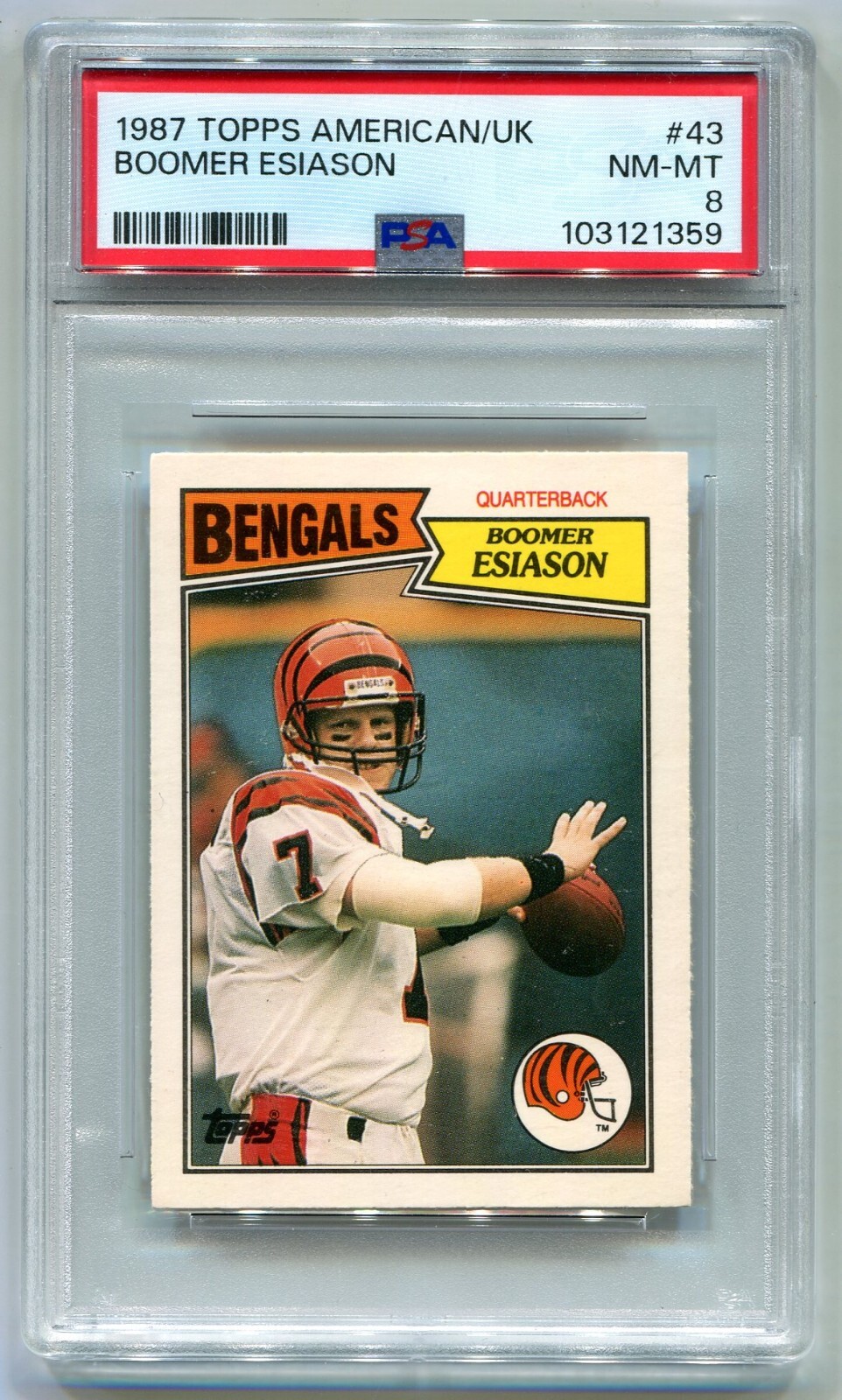 1987 Topps American UK version #43 Boomer Esiason Cincinnati Bengals – PSA 8