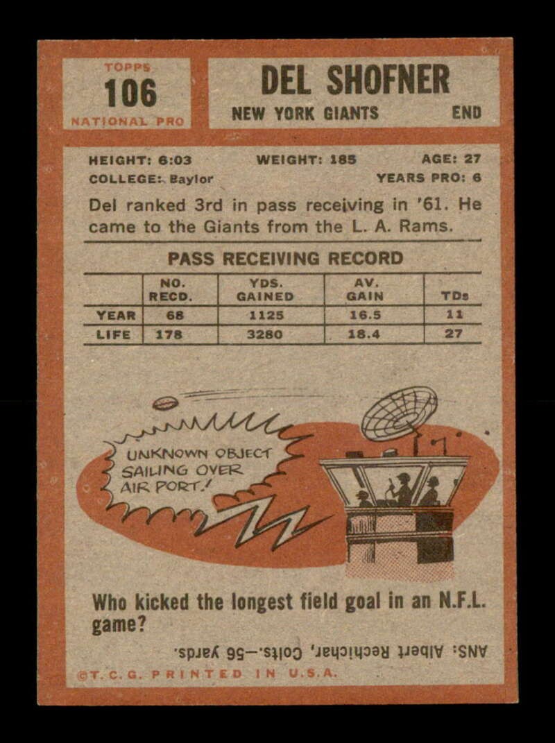 1962 Topps #106 Del Shofner EX+ X3699141