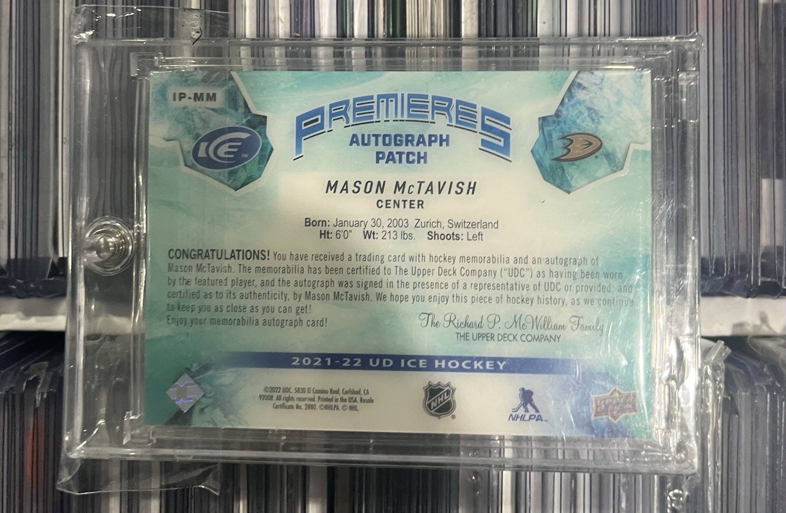 2021/22 Upper Deck Ice Premieres Mason McTavish Rookie Patch Auto True 1/1 IP-MM