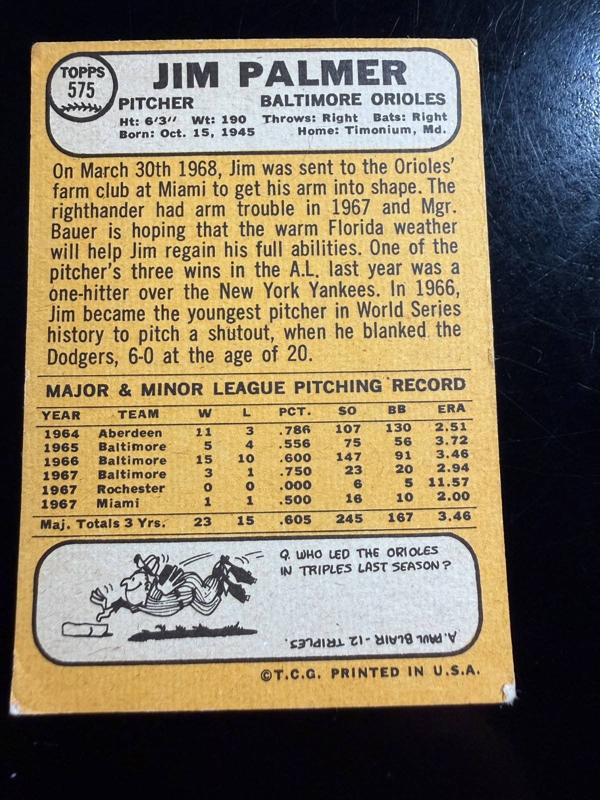 1968 Topps – Jim Palmer #575 VG+ WRINKLE UPPER RIGHT