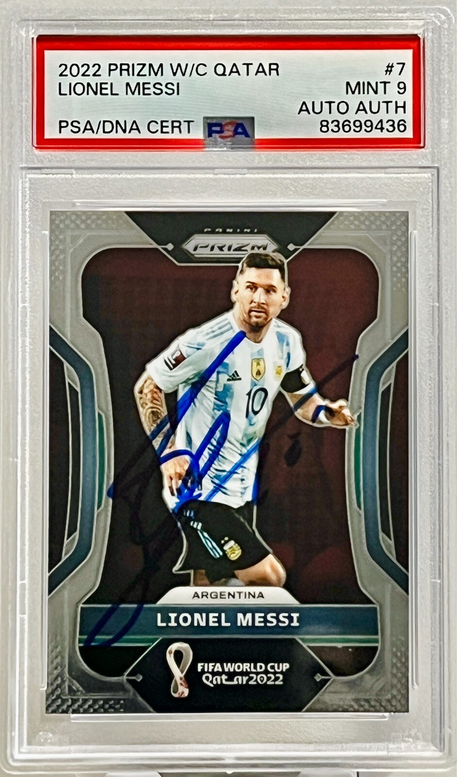 2022 Panini Prizm FIFA World Cup Signed Lionel Messi #7 Argentina PSA MINT 9