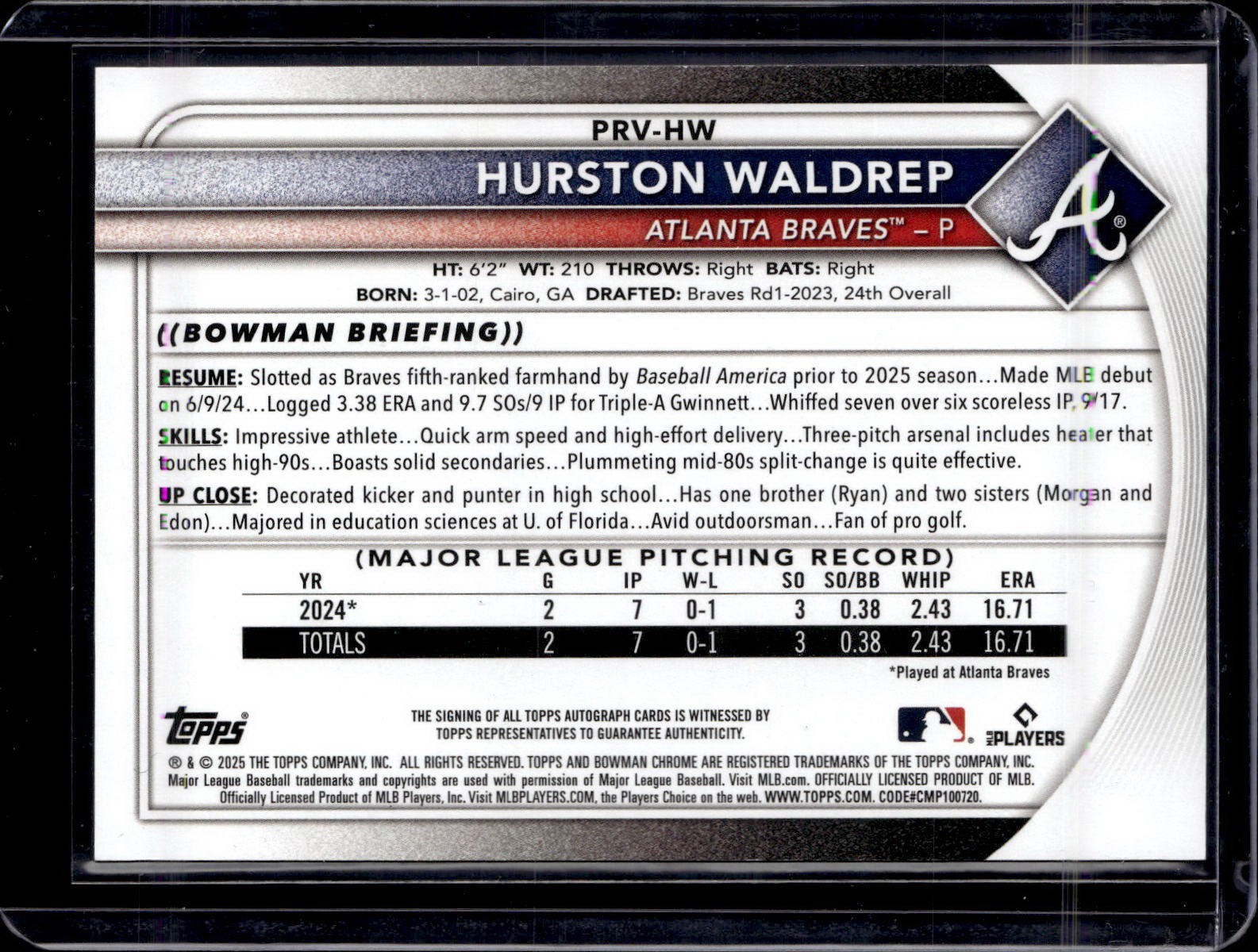 2025 Bowman Hurston Waldrep RC Orange Auto /25 Atlanta Braves PRV-HW