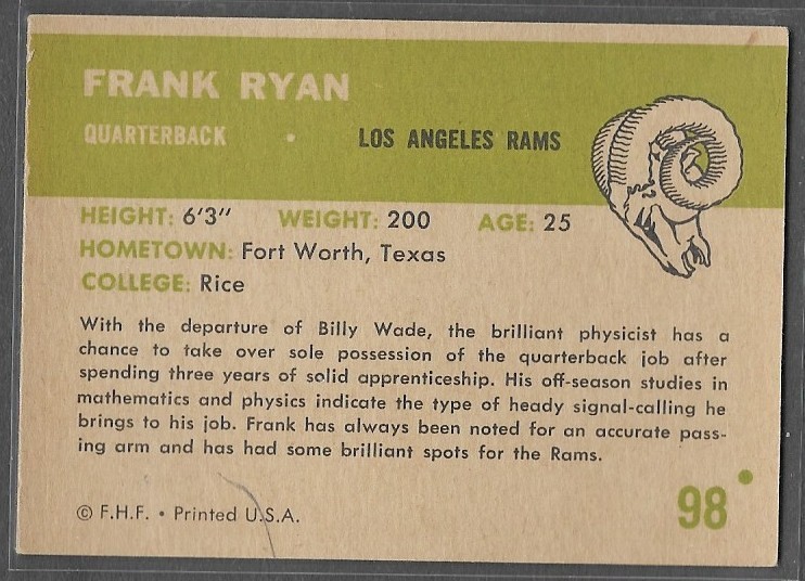 1961 Fleer #98 Frank Ryan (EX) Los Angeles Rams