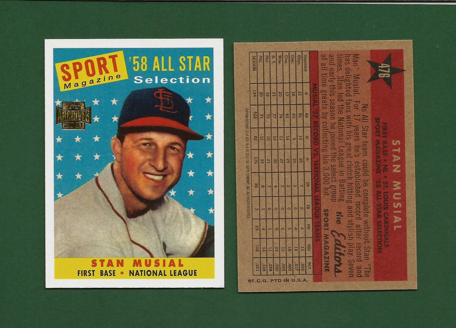 Stan Musial Cardinals 2001 Topps Archives Commemorative 1958 Baseball card