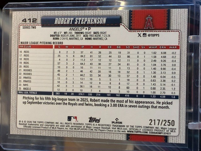 Robert Stephenson 2026 Topps Series 2 #412 Purple Holo Foil 217/250 LA Angels