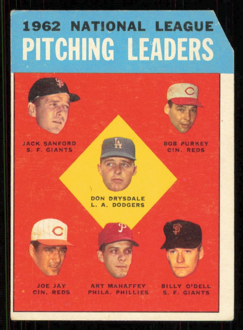 1963 Topps #7 NL PITCHING LDRS – Drysdale / Purkey / Jay VG (Corner Clip)